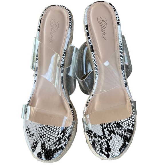 Glister Blackwhite Snake Skin Clear Wedge Sandals Women’s Size 10 - Picture 1 of 10